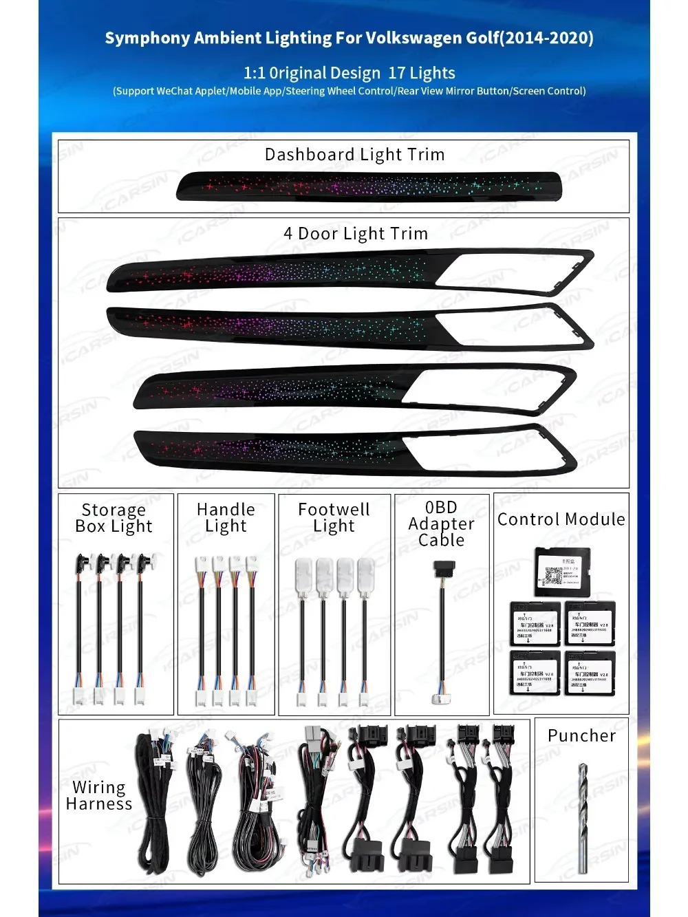 64 Color Dynamic Ambient Lighting Upgrade Kit for VW Golf 7 Mk7 Interior LED Light Trim Panel Accessories