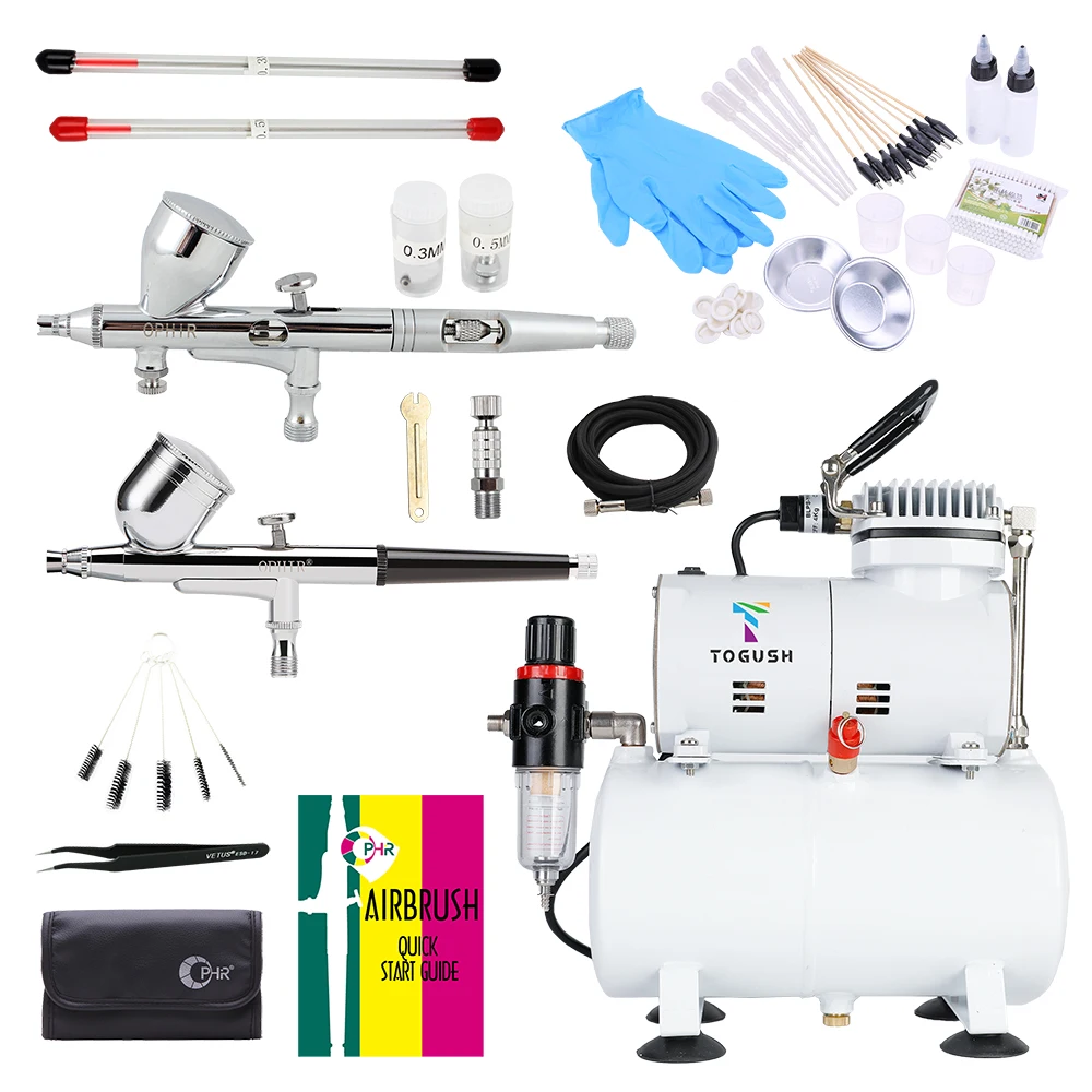 OPHIR Professional Air Compressor with 2 Airbrushes for Model Hobby Body Paint 0.2mm 0.3mm 0.5mm  Gravity Airbrush Kit AC134+