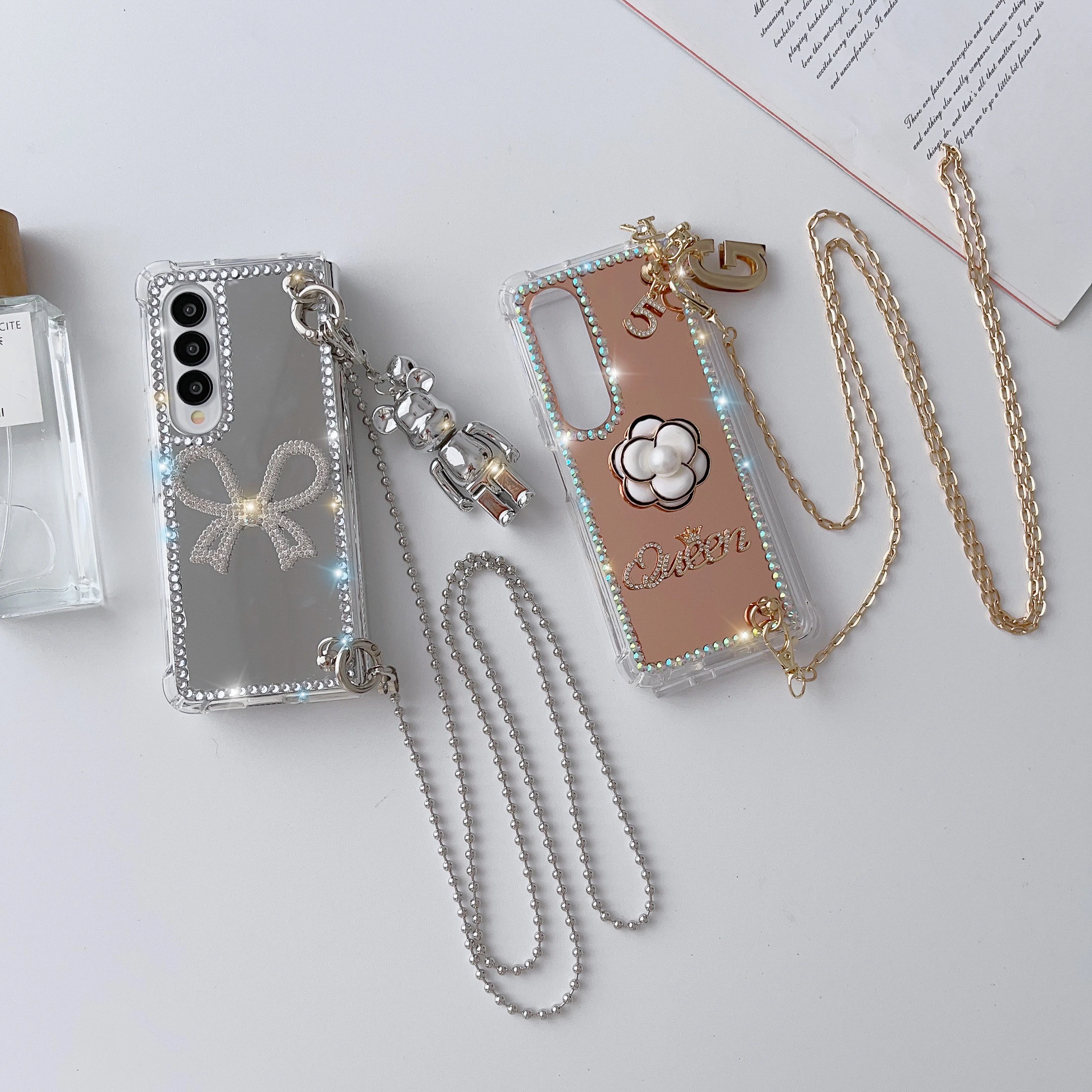 Luxury Diamond Bowknot Pearl Camellia Phone Case For Samsung Galaxy Z Fold 5 4 3 Rhinestone Mirror Cover With Crossbody Chain