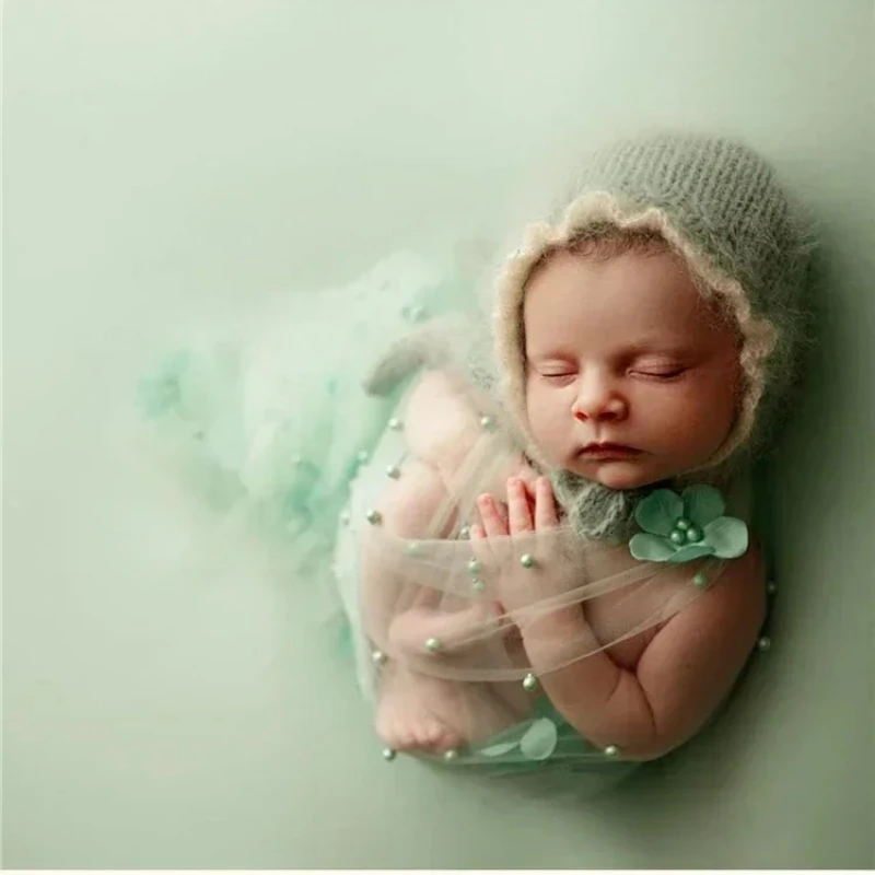 Polymères de photographie pour nouveau-né, dentelle douce, fleurs, chaîne fine, perles, maille, gaze, fond de coussin, décor de studio, accessoires de séance photo pour bébé