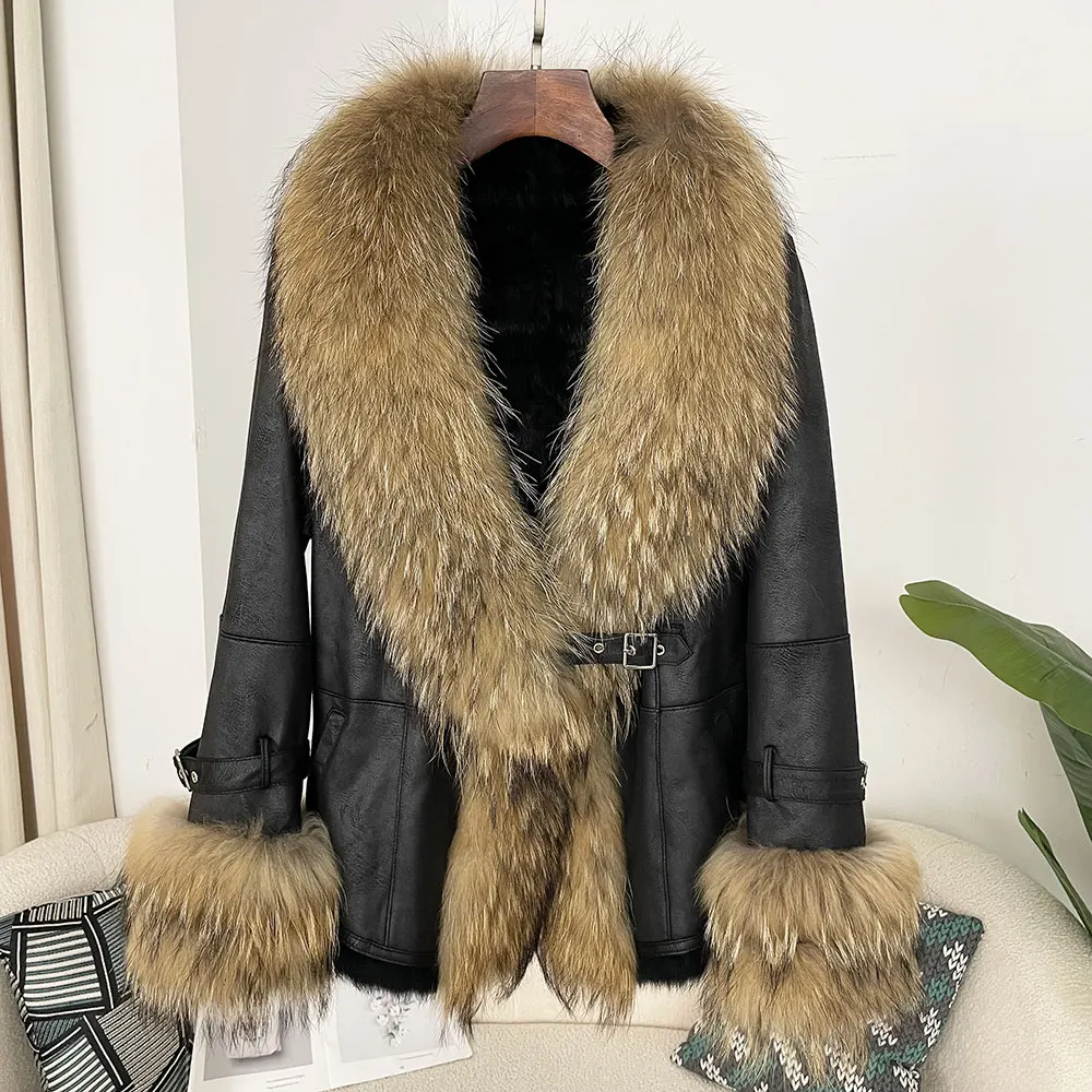 Winter Fur Coat Women Real Raccoon Fox Fur Collar Rabbit Fur Jacker Thick Warm Outerwear 2024 New Liner Real Fur Coat