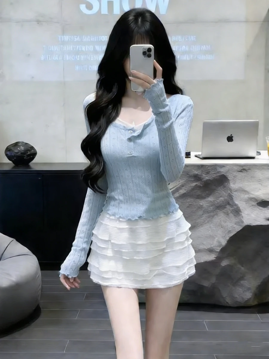 

Slim Fit Long Sve Knitted Ne Hanging Women's Top Casual Sle Pretend Two-Piece Spring Design Unique Faionable irt