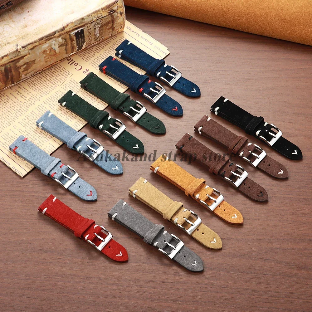 Suede Stitching Genuine Leather Watch Band 18mm 20mm 22mm For Seiko Vintage Bracelet Watch Strap Quick Release Men Replacement