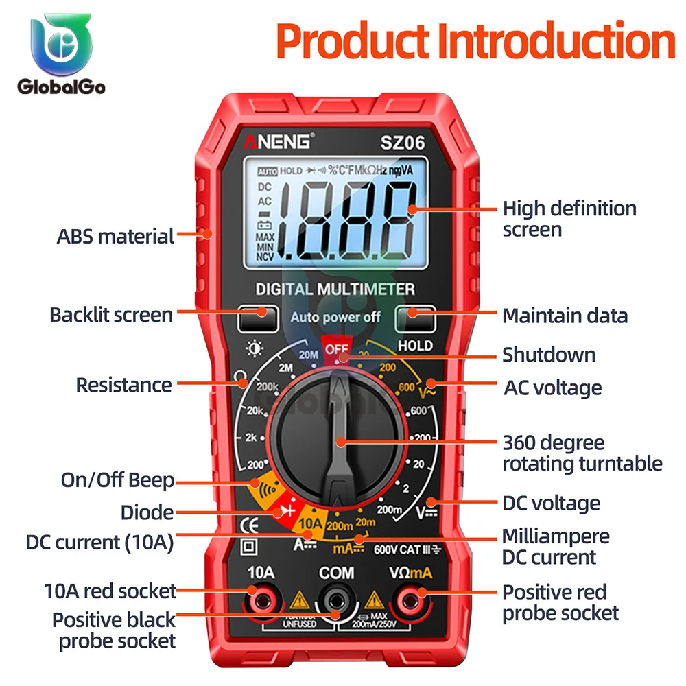 ANENG SZ06 Cyfrowy Multimetr 2000 Licznik Profesjonalny Miernik Napięcia Prąd Ohm Tester AC/DC Amperomierz Woltomierz LCDScreen