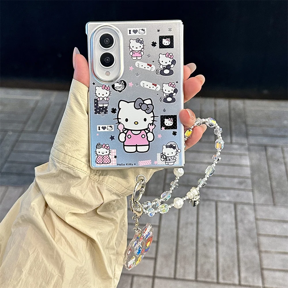Korean Hello Kitty Cute Phone case for Samsung Galaxy Z Fold 8 Ultra Z Fold 8 Silver PC Kitty cat Shockproof Cover Stand Chain