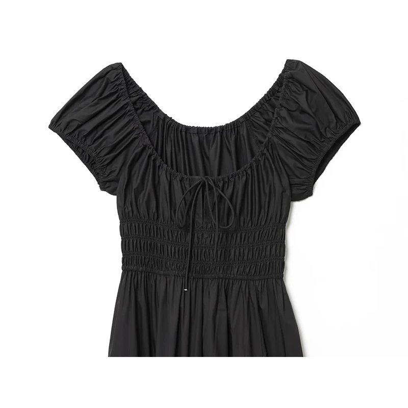 YENKYE Czarne Białe Sukienki Letnie z Krótkim Rękawem na Wakacje 2026 Damskie Sznurowane Dekolt O Elastyczna Talia Elegancka Codzienna Sukienka Midi w Kształcie Litery A