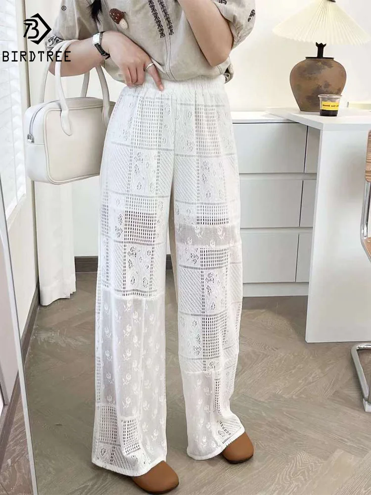 

New Summer Cotton Straight Pants Women Plaid Embroidery Hollow Out Trousers Mori Girl Fashion Casual Pants 2024 Autumn B47409QM