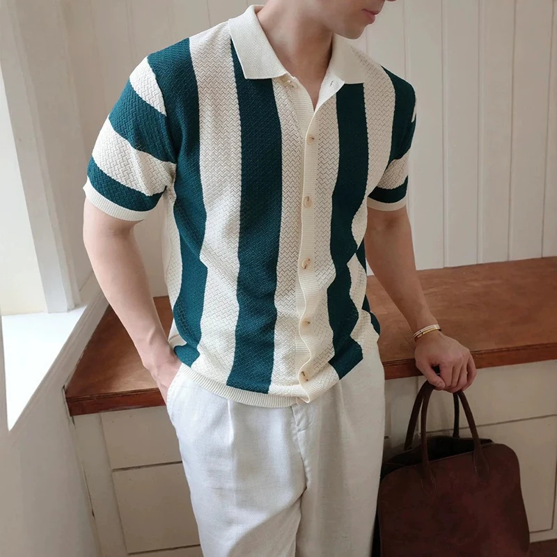 Old Money Style Lapel Knitted T-shirts Mens Fashionable Striped Contrast Color Short Sleeve Knit Cardigan Summer Shirt Tops