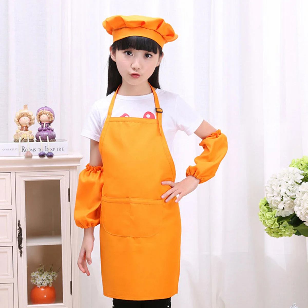 Kids Chef Playset Set Yellow with Apron Hat Cooking Sleeves for Baking Painting Decorating Party Kids Kitchen Set