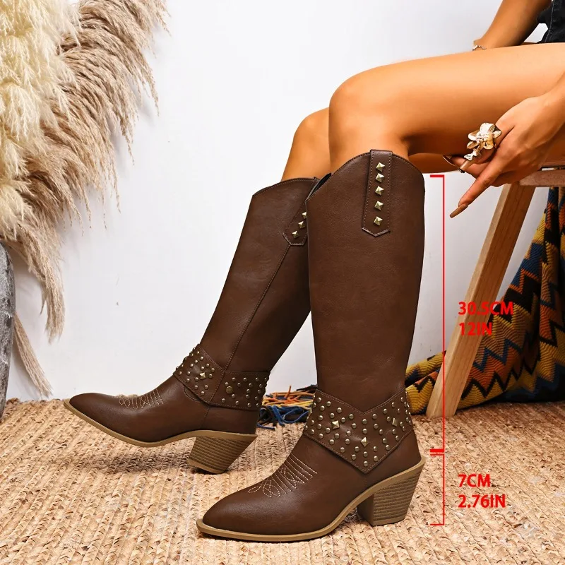 

Knee High Chunky Chelsea Women Boots Pointed Toe Fashion Shoes Women Autumn Western Boots 2025 New High Heels Long Boots Mujer