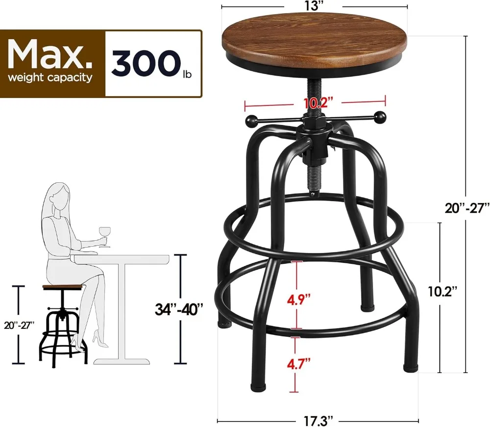 Verstelbare vintage metalen barkruk met houten zitting, hoogte 20-27 inch, bruin - keukeneetcaféstoel