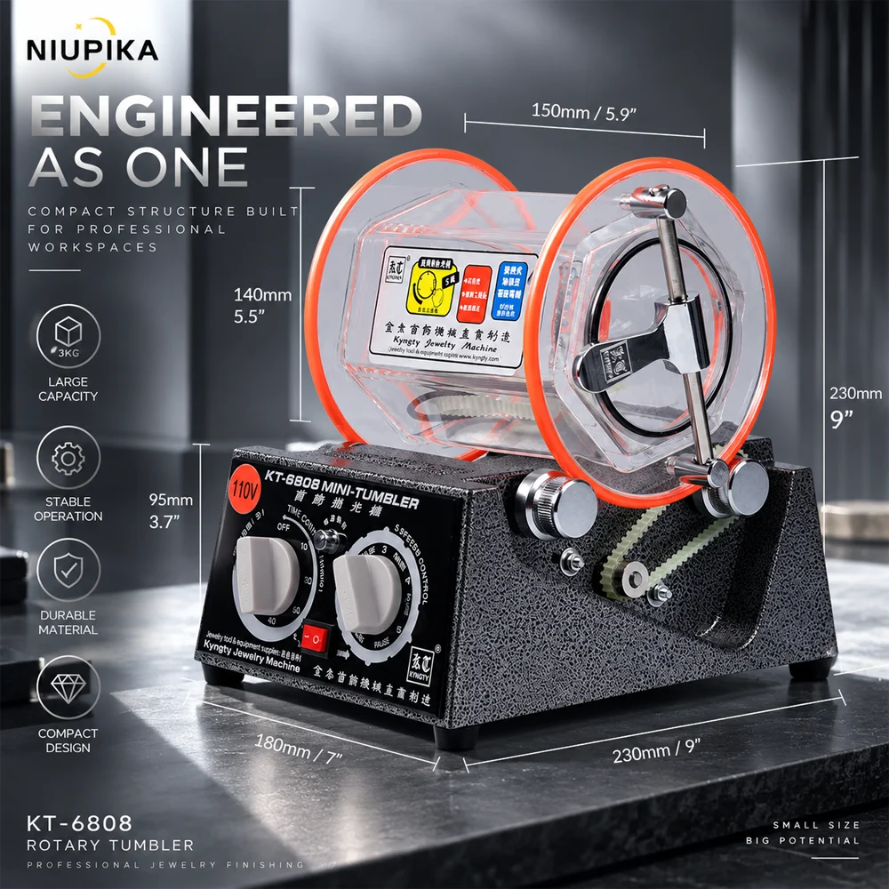 NIUPIKA KT6808 Rotary Tumbler Jewelry Polishing Machine Stainless Steel Beads 2mm USA 910 Powder Kit Metal Deburring Tool 2027