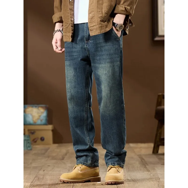

2025 Autumn New Large Size American Retro Commuter Casual Jeans, Men's Loose Washed Straight Trendy Wide-Leg Pants