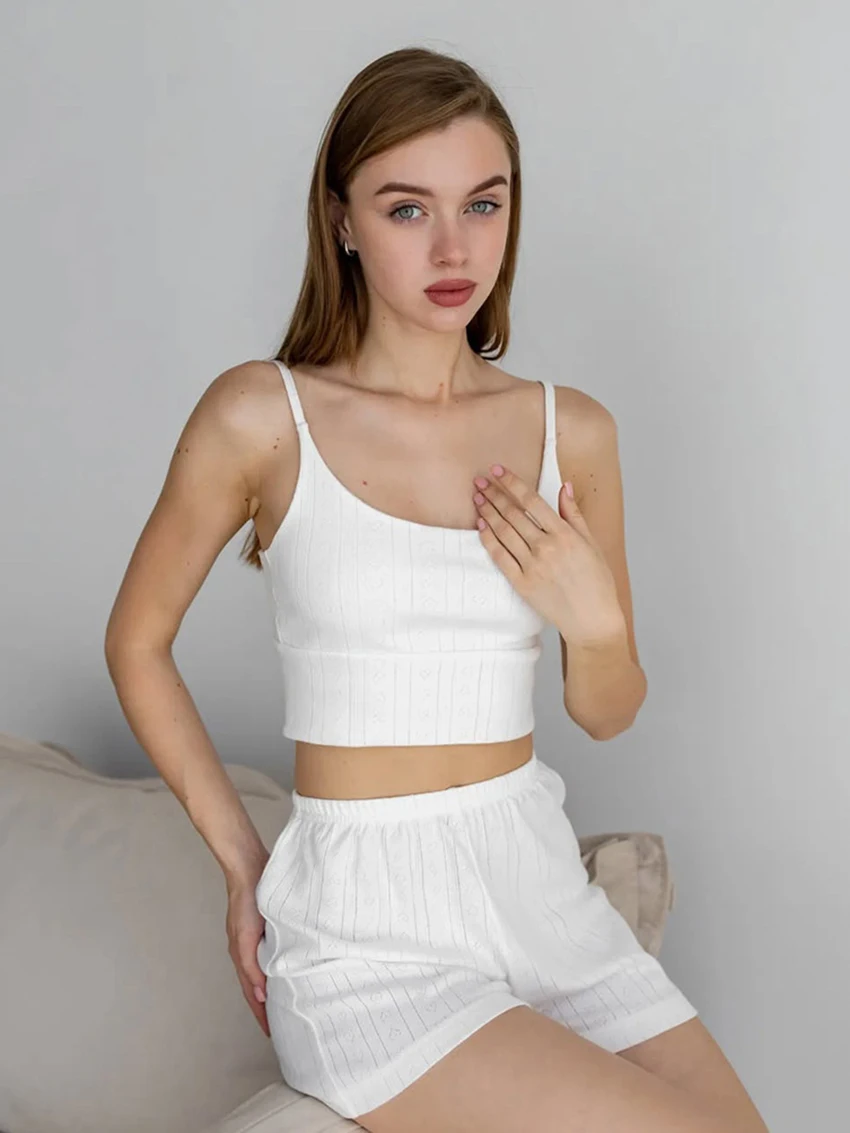 Marthaqiqi Casual Female Sleepwear Suit Spaghetti Strap Pajamas Crop Top Nightgowns Tank Top Nightwear Shorts Home Clothes Women