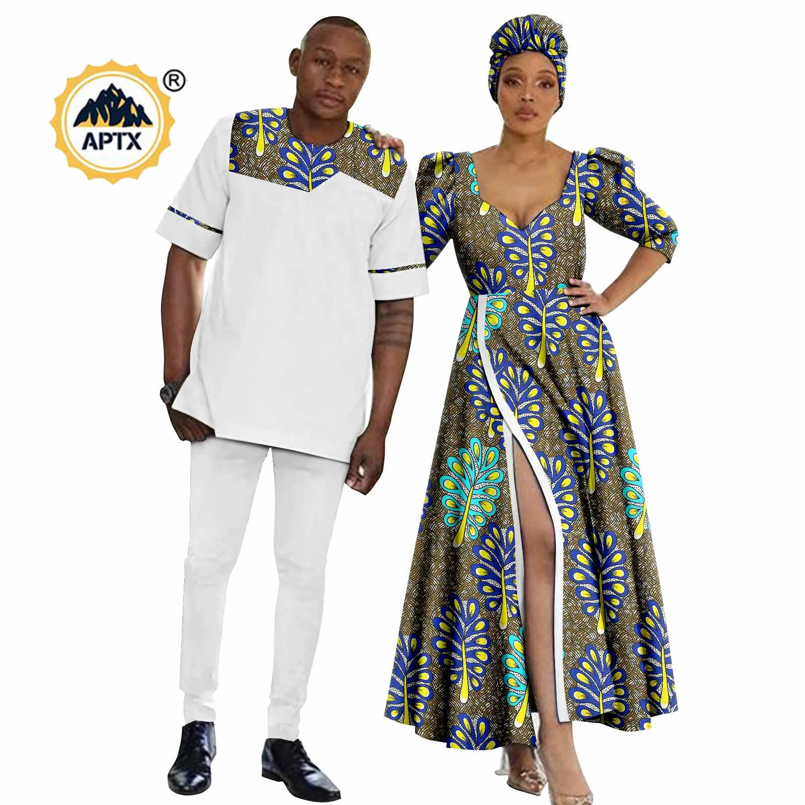 African Couples Clothes Women Long Print Split Dresses with Turban Head Wrap Dashiki Men 2 Pieces Shirt and Pants Sets Y22C071