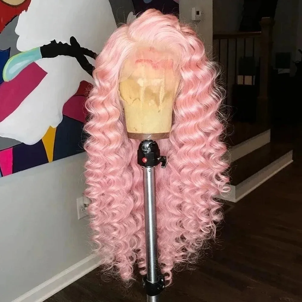 Pink Wig Deep Wave Lace Frontal Wig 13x4 HD Curly Wig Glueless High Quality Heat Resistant Daily Ready To Wear On Clearance Sale