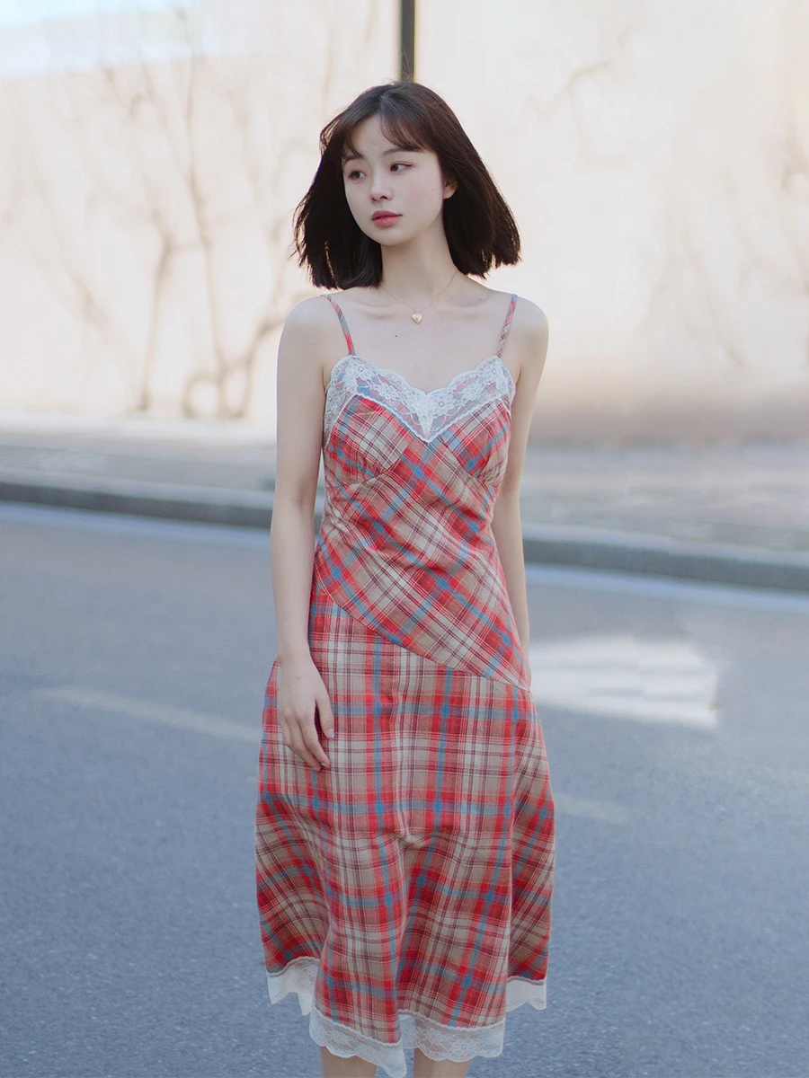 

Новое летнее красное клетчатое платье миди с V-образным вырезом, кружевной отделкой и поясом, А-силуэт, для невысоких женщин, весна-лето 2023