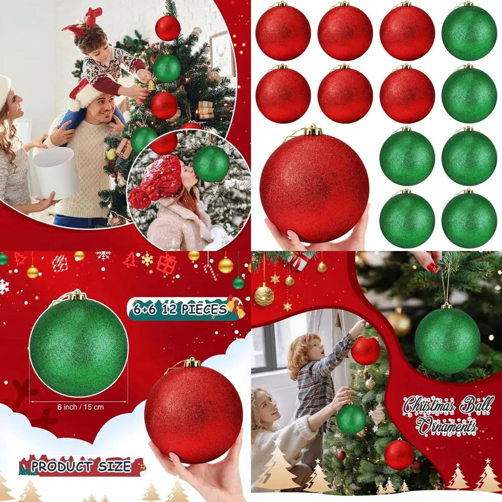 

Glittering 6-Inch Large Christmas Ornaments, Extra Large Xmas Balls with Hanging Loop, Green and Red, Perfect for Holiday Party