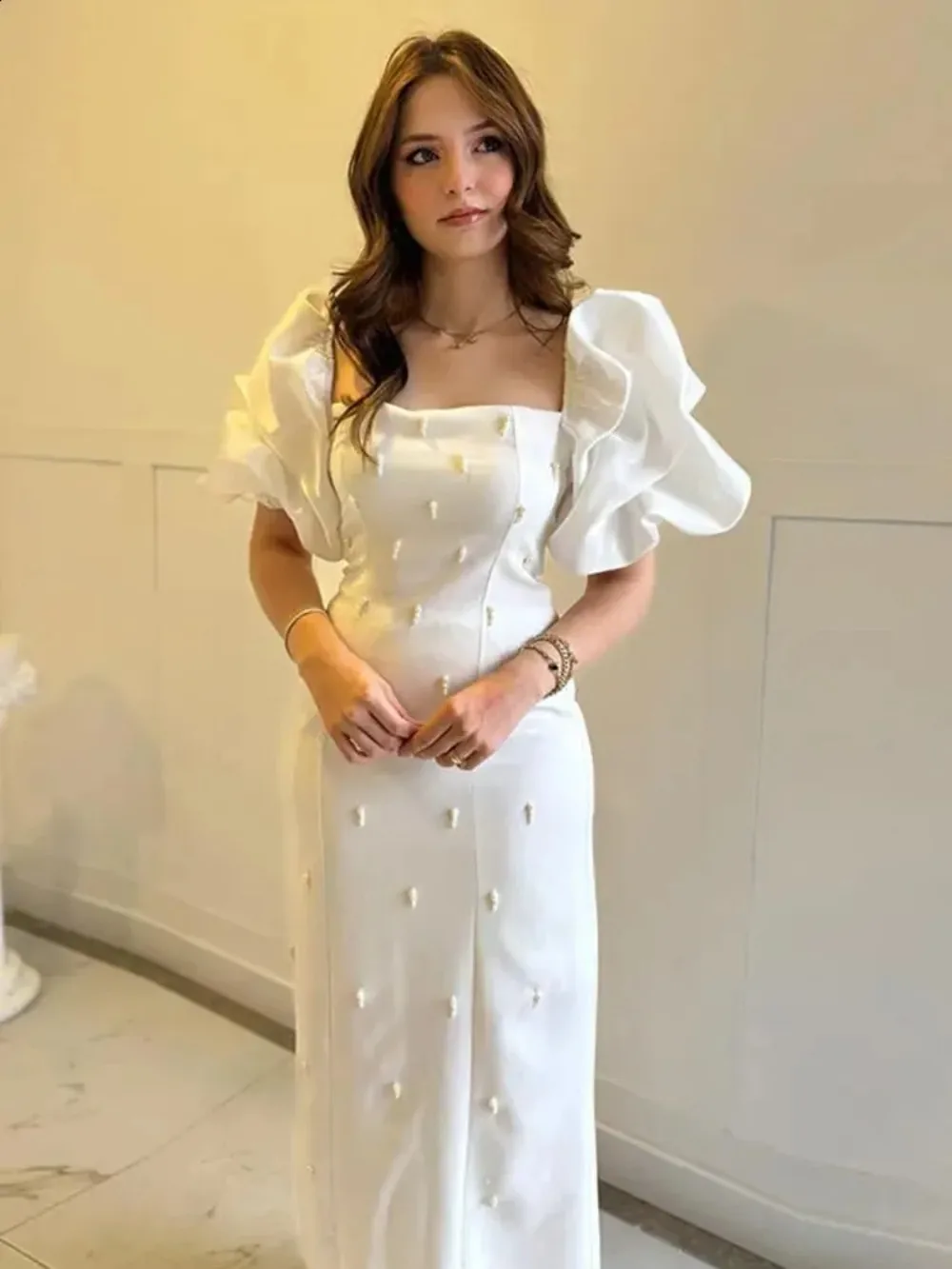 Customized Square Neck Bubble Sleeve Pearl Pearl Satin Wedding Dresses 2026 Slim Fit Mermaid Bridal Gown Simple Elegant Style