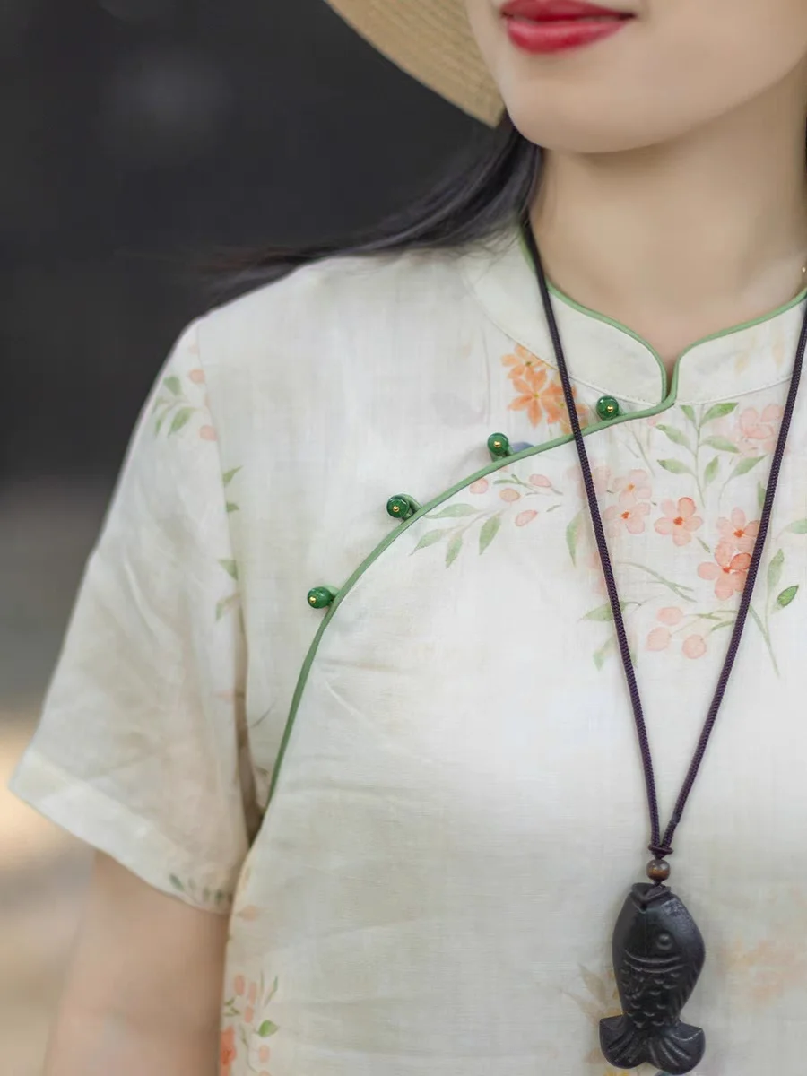 ชุดเดรสผ้าฝ้ายลินินสไตล์จีนเซนแบบใหม่สำหรับผู้หญิง ลายปักดอกไม้สไตล์เรโทร น้ำหนักเบา เหมาะสำหรับฤดูร้อน