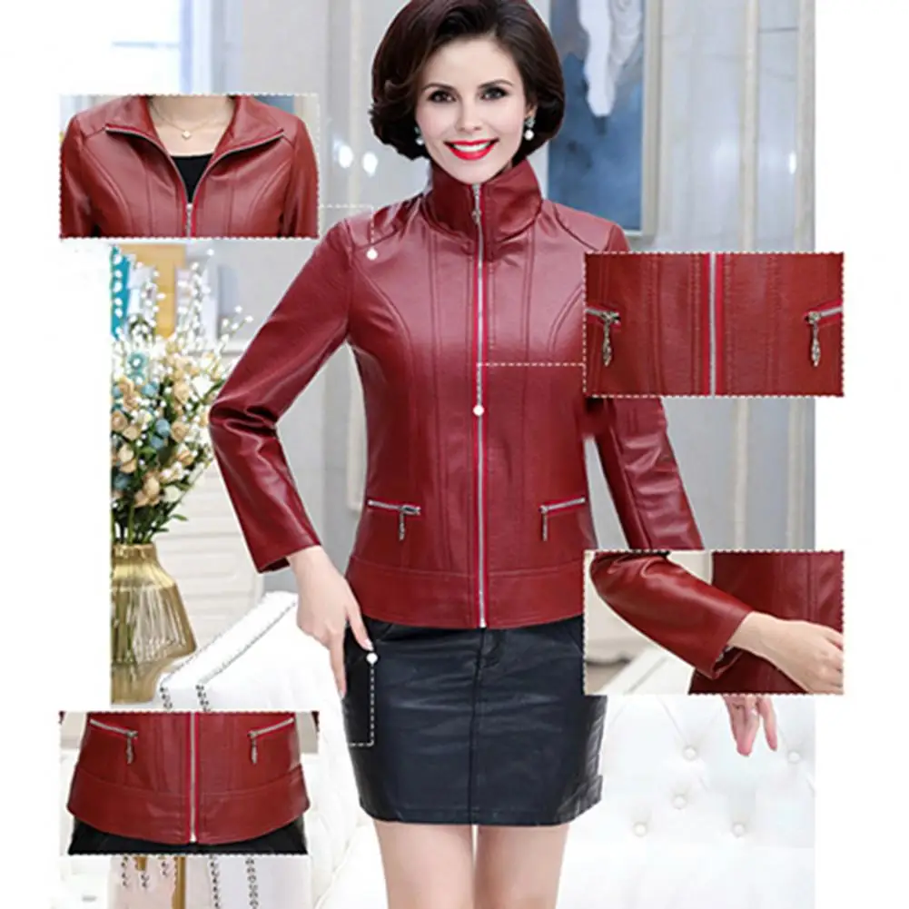 

Women Fake Leather Coat Mid-aged Women Jacket Faux Leather Zip-up Zipper Retro Motorcycle Coat Plus Size Travel Outerwear