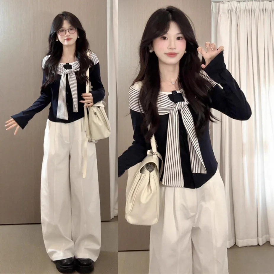 Ladies' Stripe Design Long Sleeve T-Shirt Fake Two-Piece Shoulder Wrap Base Top Korean Style Autumn Cotton Casual Wear