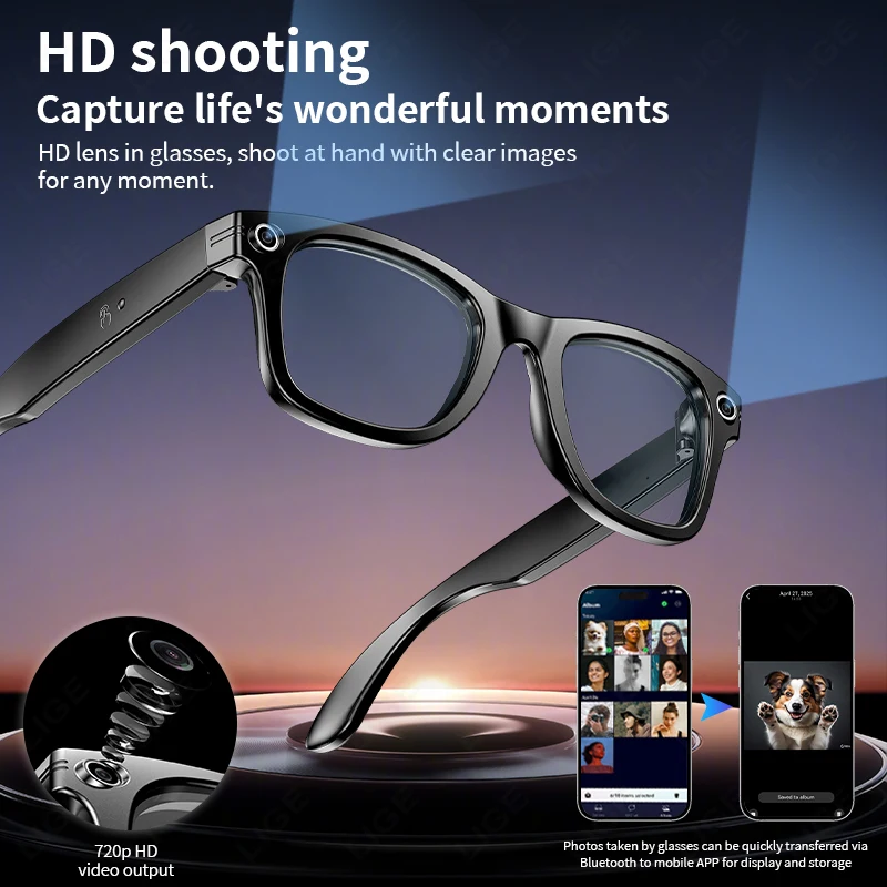 

LIGE Camera Smart Glasses AI Translation Intelligent Voice Record Local Music Outdoor Sports Sunglasses Video Conference Record