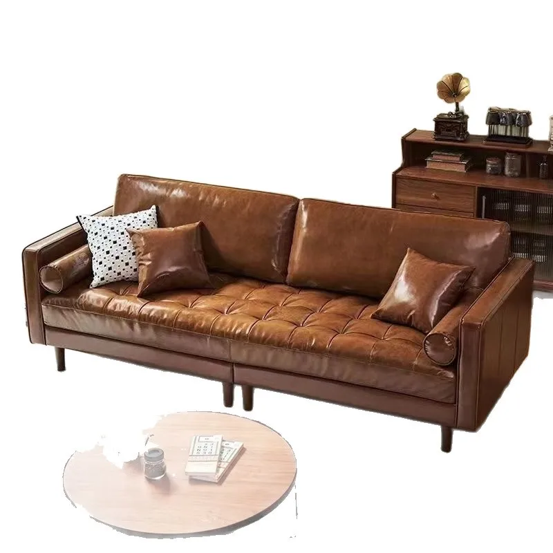 

Medieval style sofa, small apartment living room, French retro simple and fashionable three-person, caramel-colored oil wax