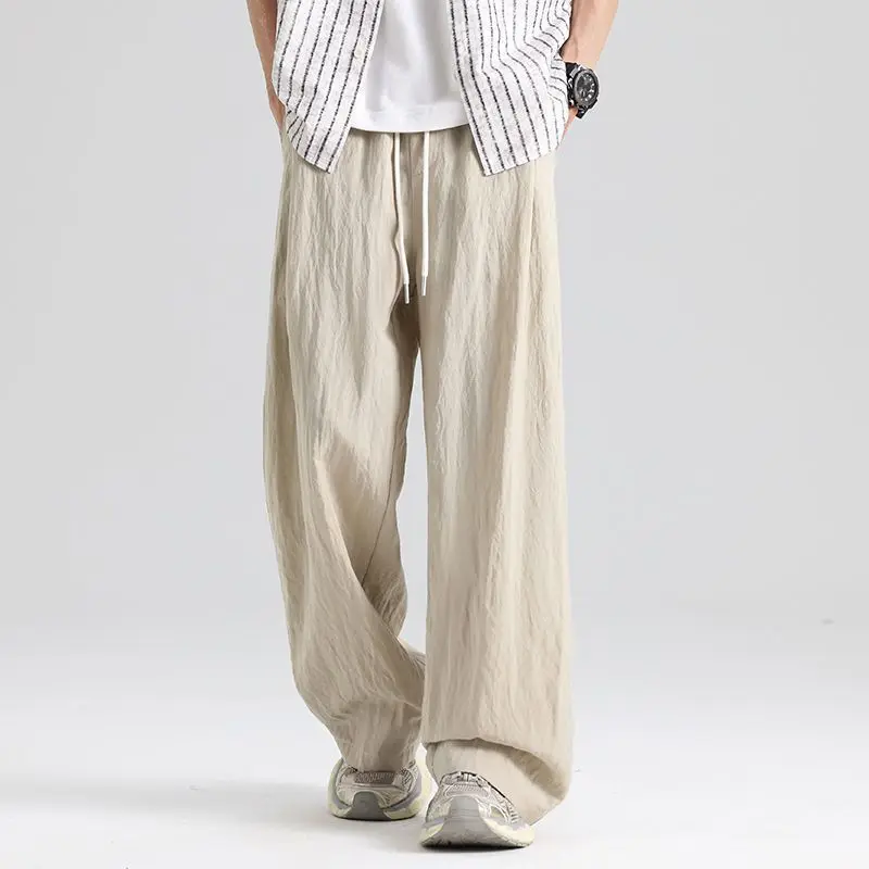 

Summer Men's Solid Color Breathable Linen Pants Drawstring Waist Outdoor Loose Straight Trousers Casual Vacation Long Pants