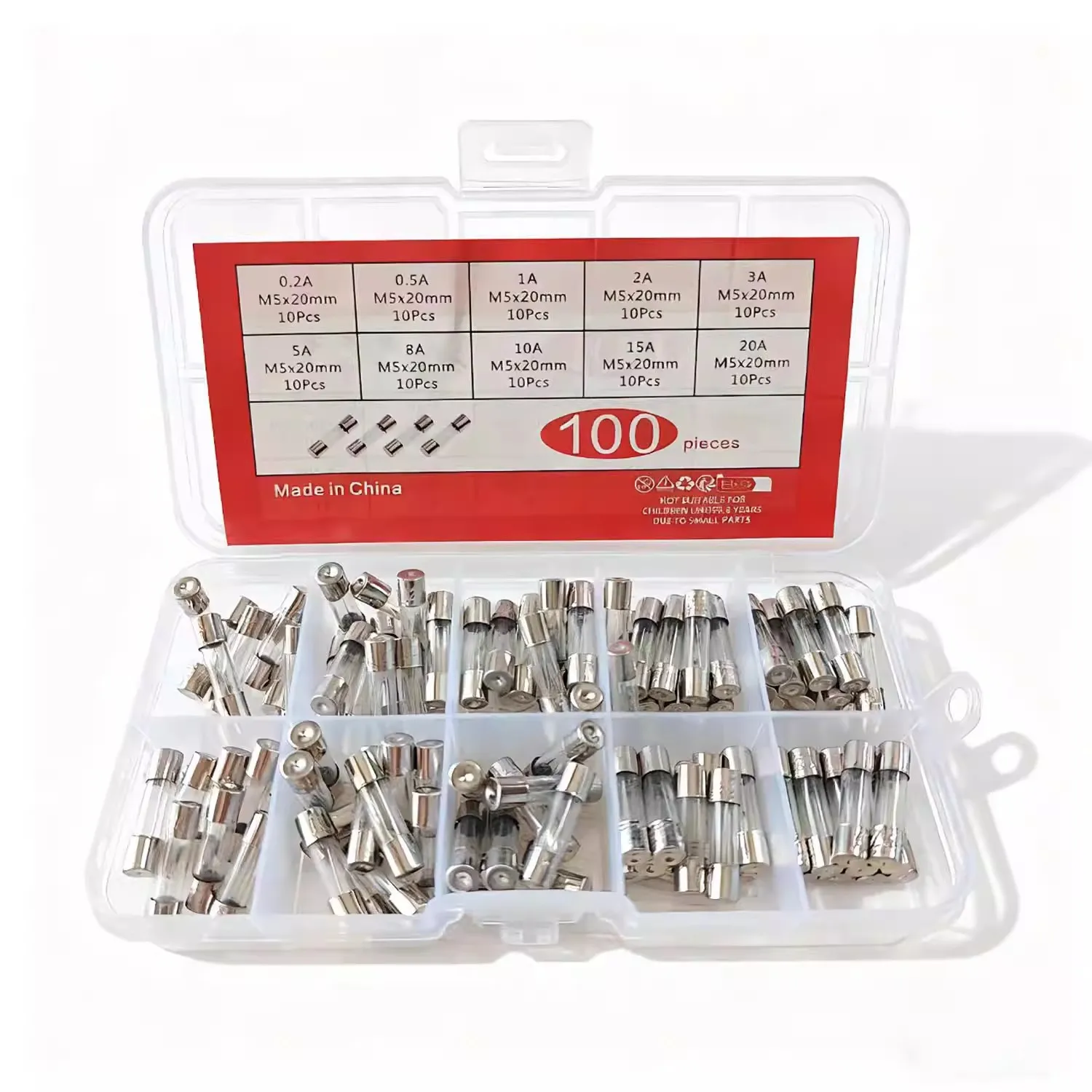 100PCS Glass Fuse Box 5*20MM 10 Different Resistances Each 10 Pieces Fuse Tube 0.2A-20A