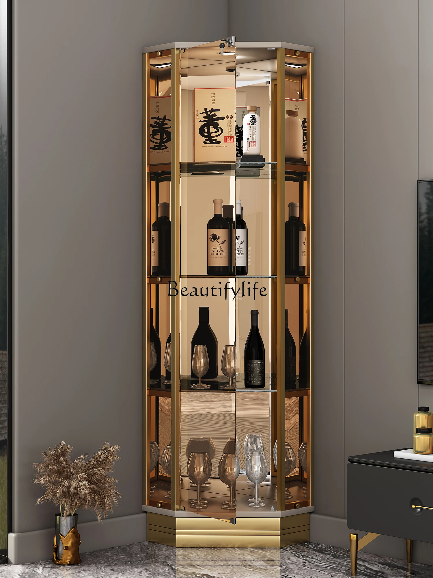 

Living Room Light Luxury Triangle Cabinet Small Apartment Corner Wall-Mounted Glass Wine Cabinet