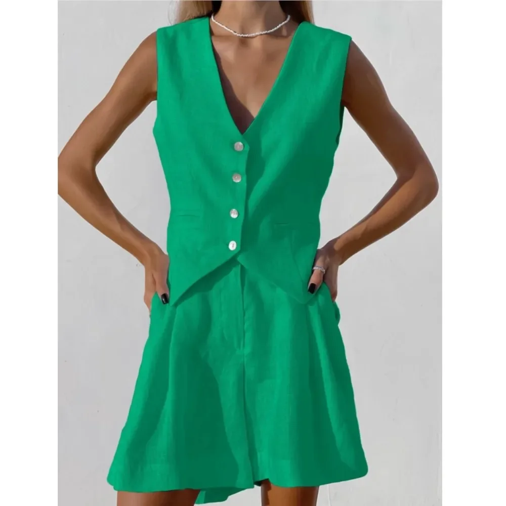

CPSYMYM Summer Fashion Cotton Linen Blazer Waistcoat For Women's Suit New Summer Casual Sleeveless Vest Shorts Sports 2 Piece Se
