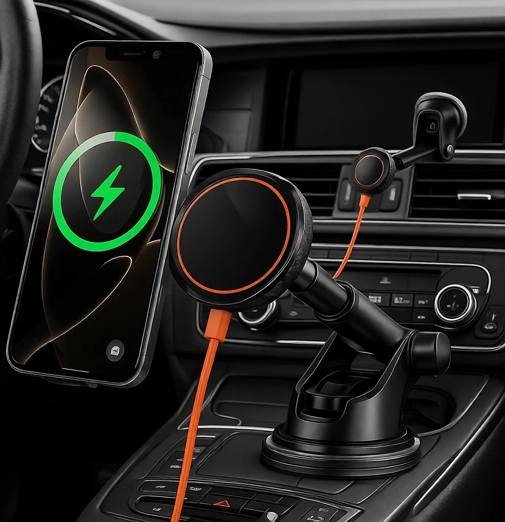 

Магнитный автомобильный держатель для телефонов MagSafe iPhone 12-17 с оранжево-черным кабелем