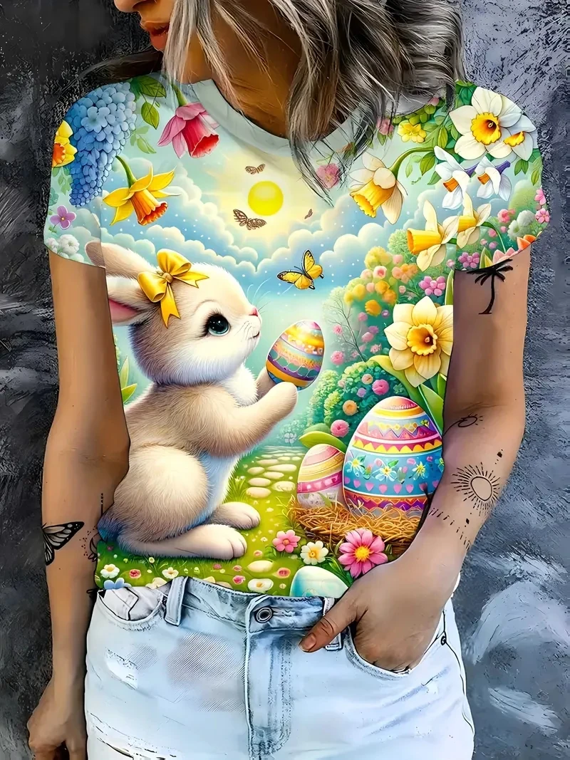 

Женская футболка с короткими рукавами и принтом пасхального кролика PLUS -3D, свободная и повседневная, мягкая и удобная, дышащая