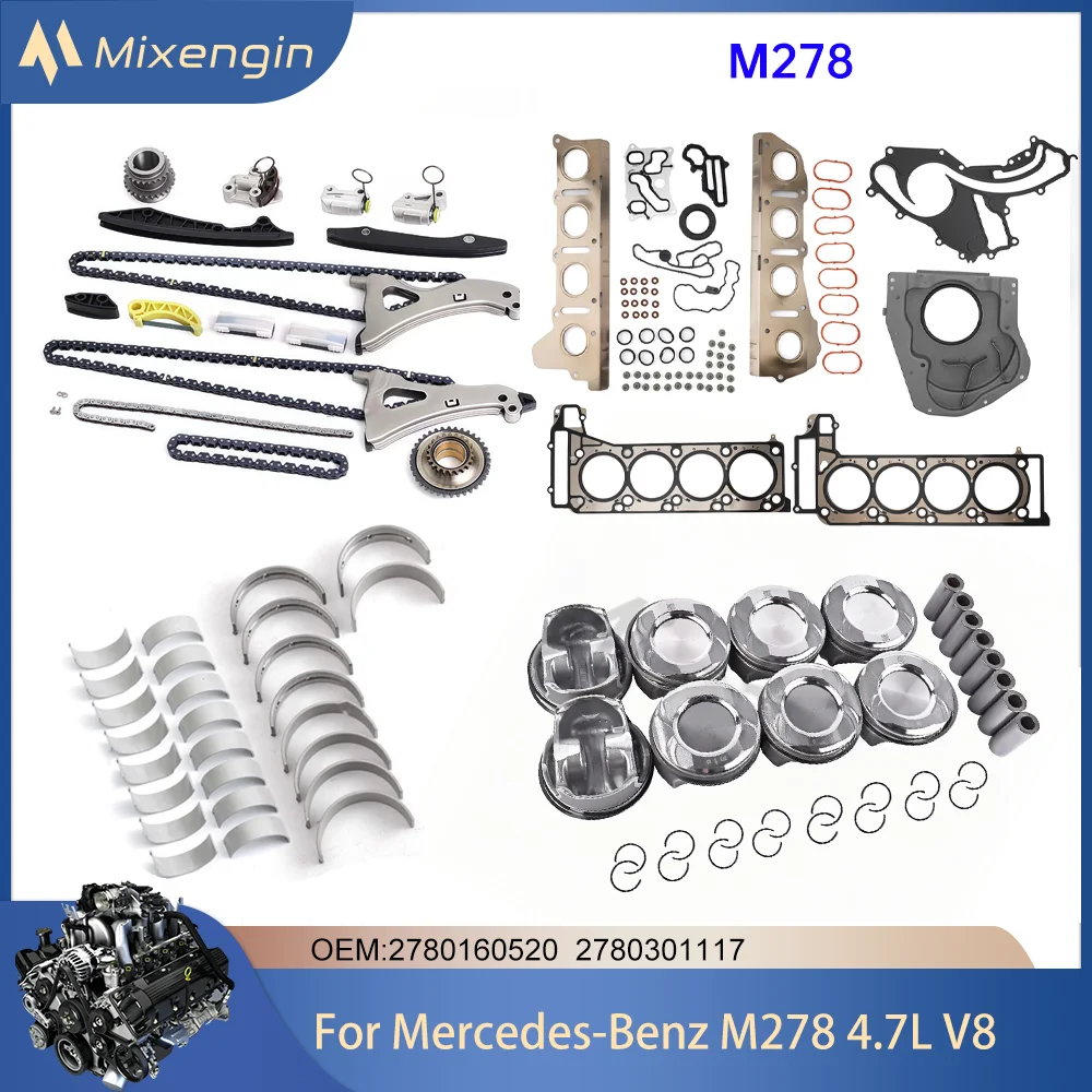 Engine Bearing Pistons Gasket Set Timing Chain Kit Fit 4.6 4.7 For Mercedes-Benz M278 CLS550 CL500 CL550 E500 E550 4.6L 4.7L V8