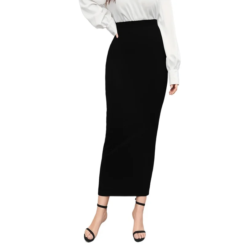  Solid Color Women's Regular Fit Midi Skirt 2025 Elastic Waist Casual Office Slimming Elegant Skirt 