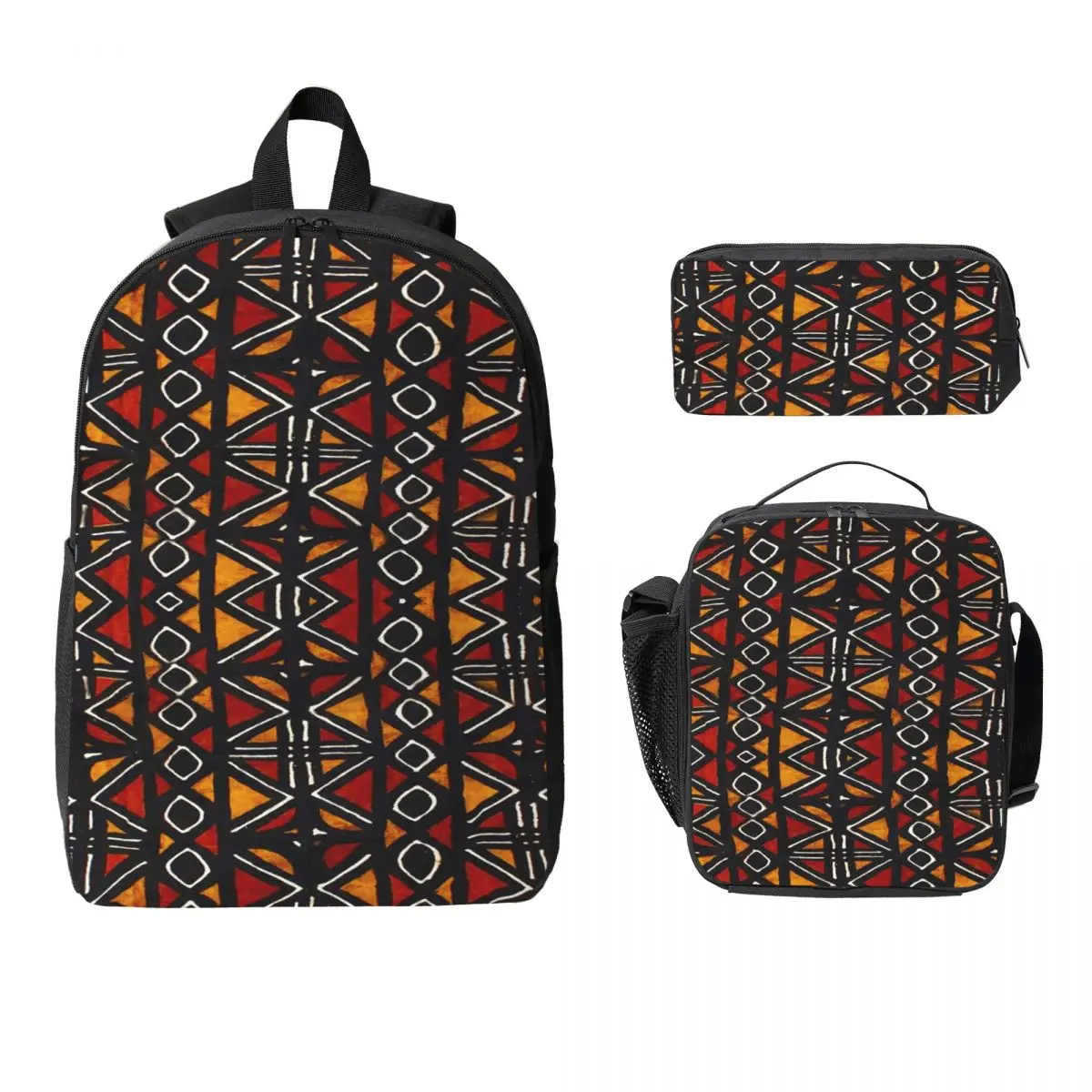 

African Bogolan Mudcloth Pattern Backpack Student Boy Girls BookBag School Bag Shoulder Bags 3ps Insulated Lunch Bag Pencil Case