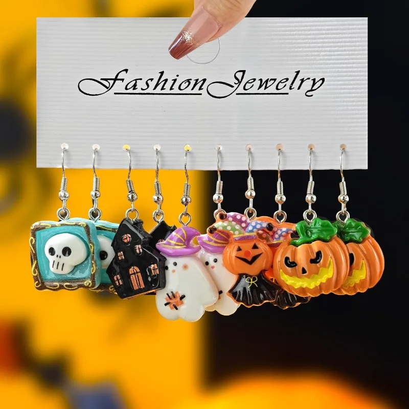 جديد هالوين سلسلة الراتنج المجوهرات المتخصصة الإبداعية شبح اليقطين قبعة الخفافيش أقراط القرط مجموعة #4