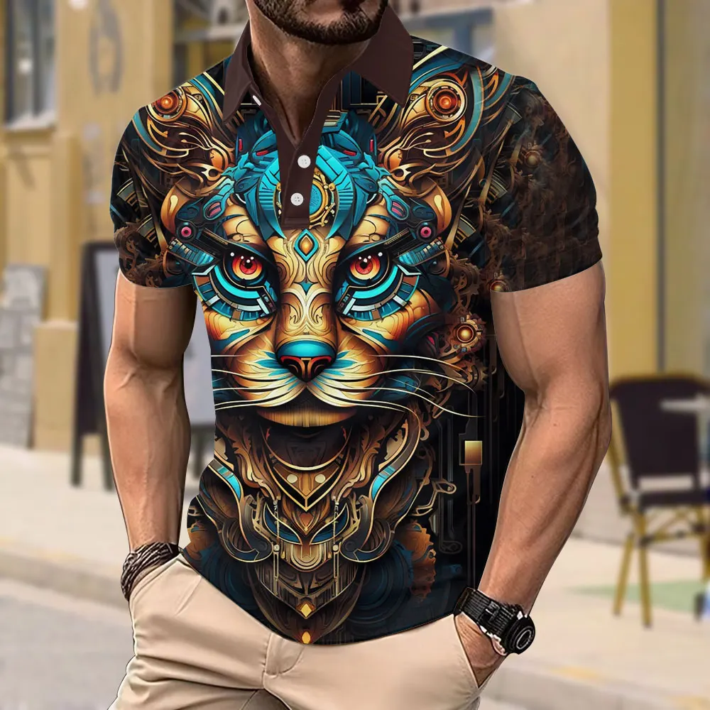 Summer Fashion Men's Large Size T-shirt Mechanical Animal 3d Print Short-sleeved Top Y2k Clothing Punk Street Button Polo Shirt