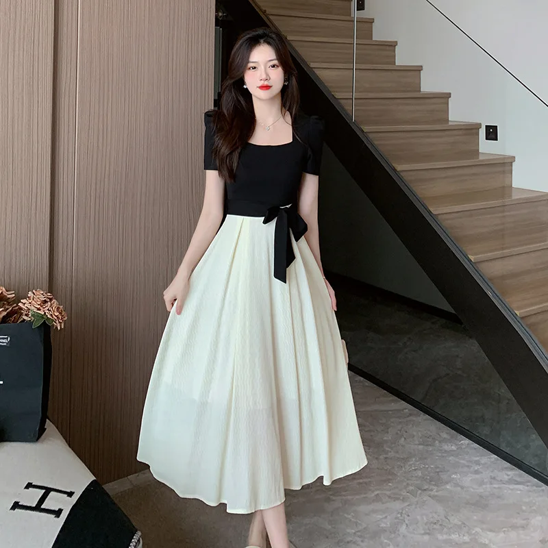 Real Shot 2024 Summer New French Hepburn Style Black and White Stitching Dress Design Sense Niche Two-Piece Long Skirt