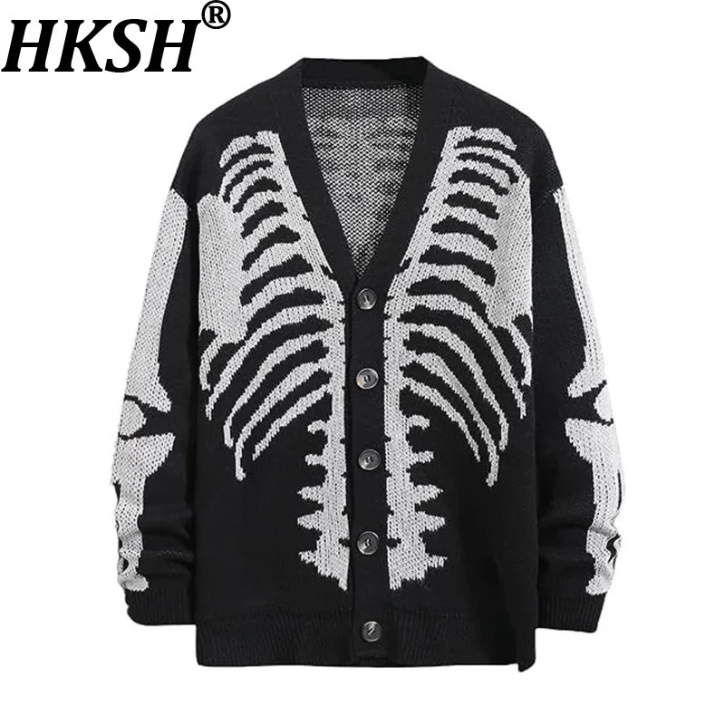 

HKSH осень-зима новый свитер унисекс жаккардовый однобортный вязаный кардиган с v-образным вырезом на Хэллоуин стильное повседневное пальто Ins HK12037