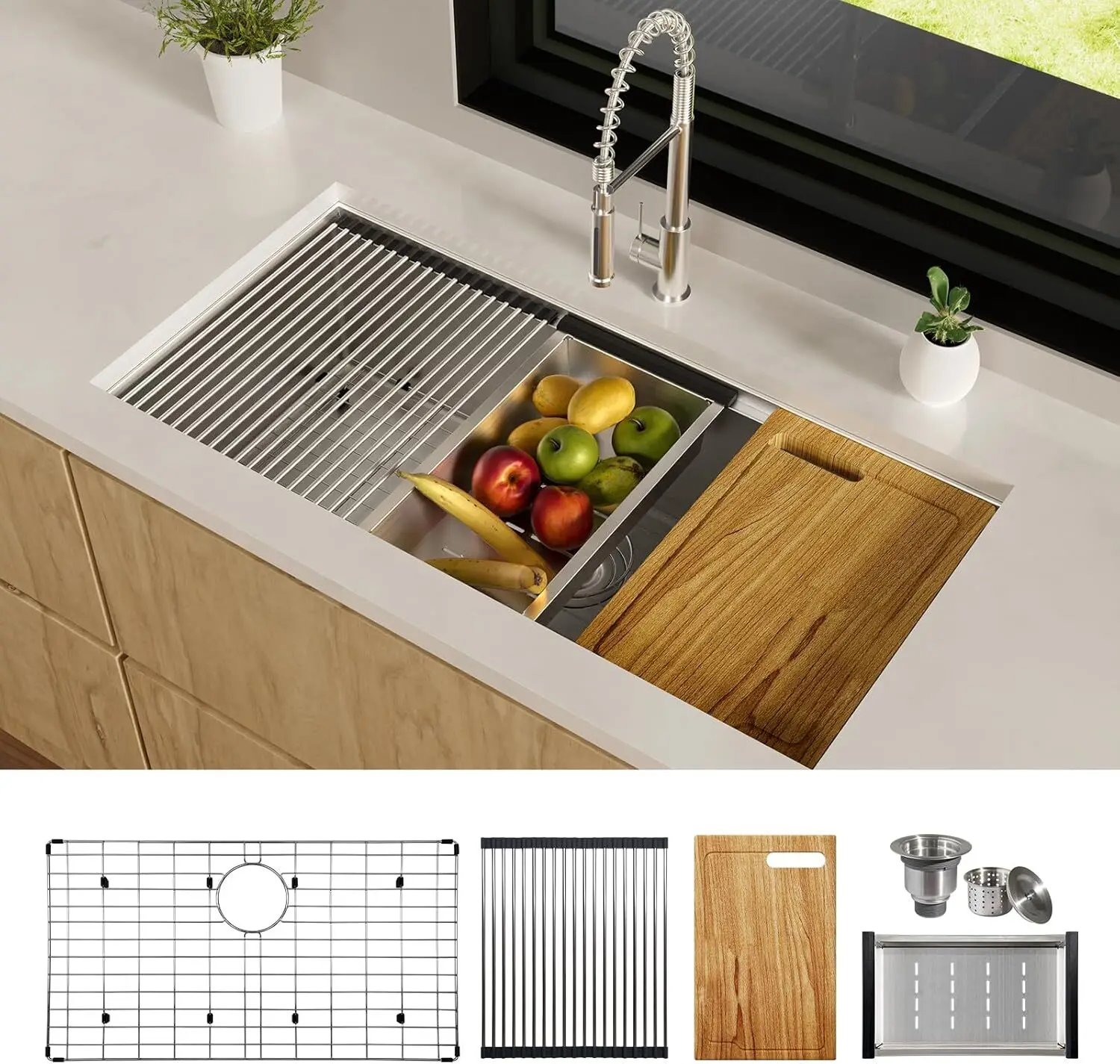 36 inch Workstation Kitchen Sink, 16 Gauge Stainless Steel with Integrated Ledge