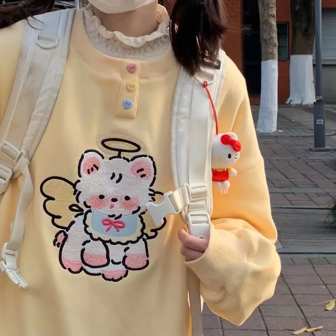 

Japanese Kawaii Cartoon Embroidery Pullover Women Sweet Girl Cute Graphic Hoodies Harajuku Loose Sweatshirts Casual Top