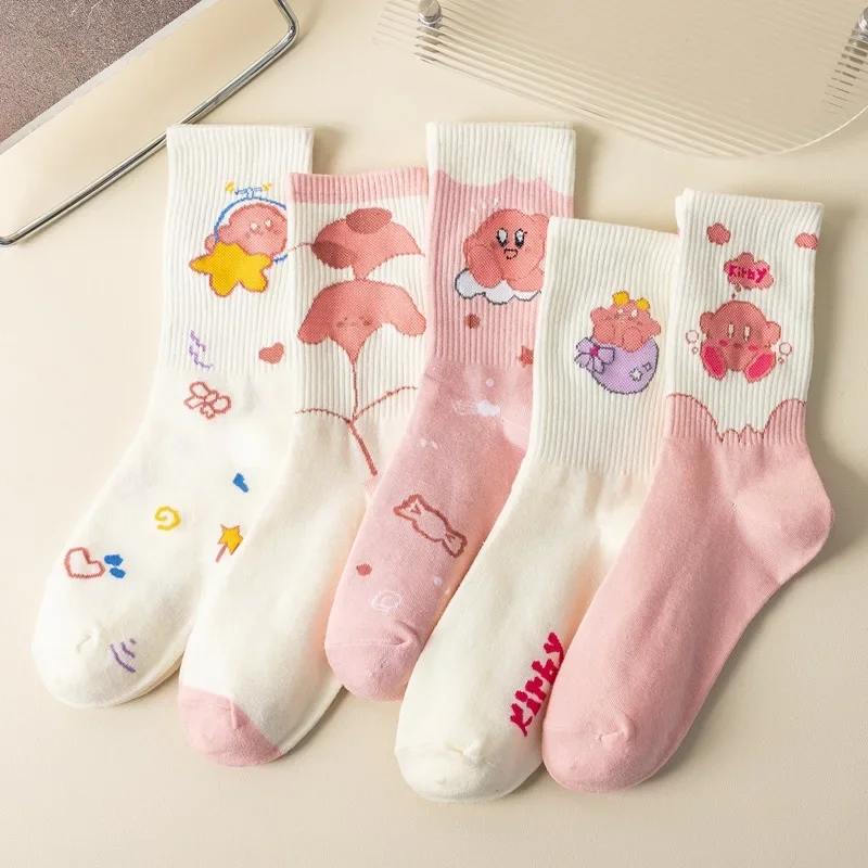 Kirby Cartoon Cute Print Breathable Sweat Wicking Socks Mid Cut Women's Socks Student Socks Casual Sports Socks Girl Gifts