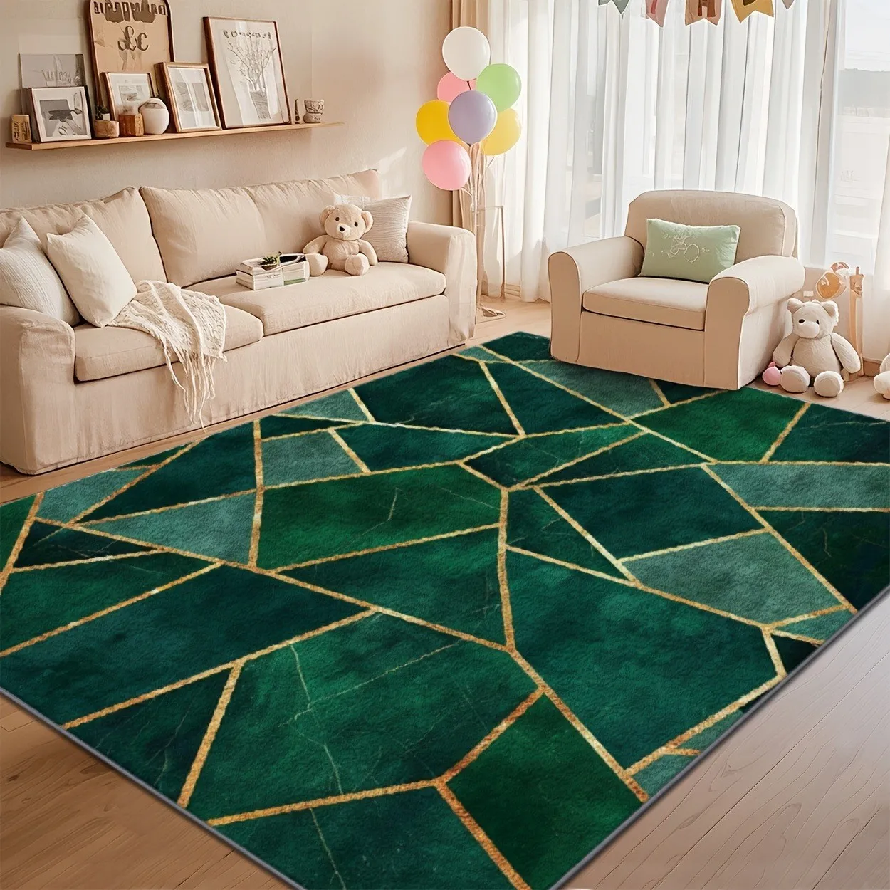 Nordic Style Geometric Emerald Green Area Rug Contemporary Gold Wire Marble Carpet Luxury Floor Mat Living Bedroom Decor