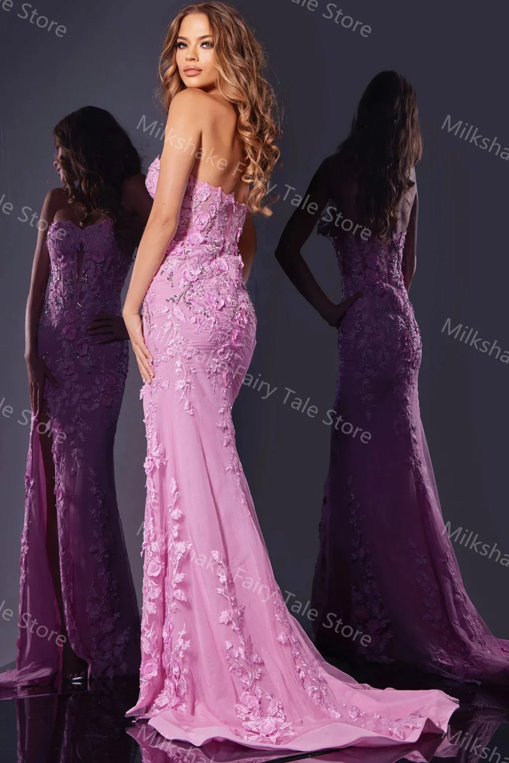 Charmoso rosa vestidos de noite rendas apliques sem mangas feminino vestidos de baile sexy lado split varredura trem personalizado vestidos de casamento