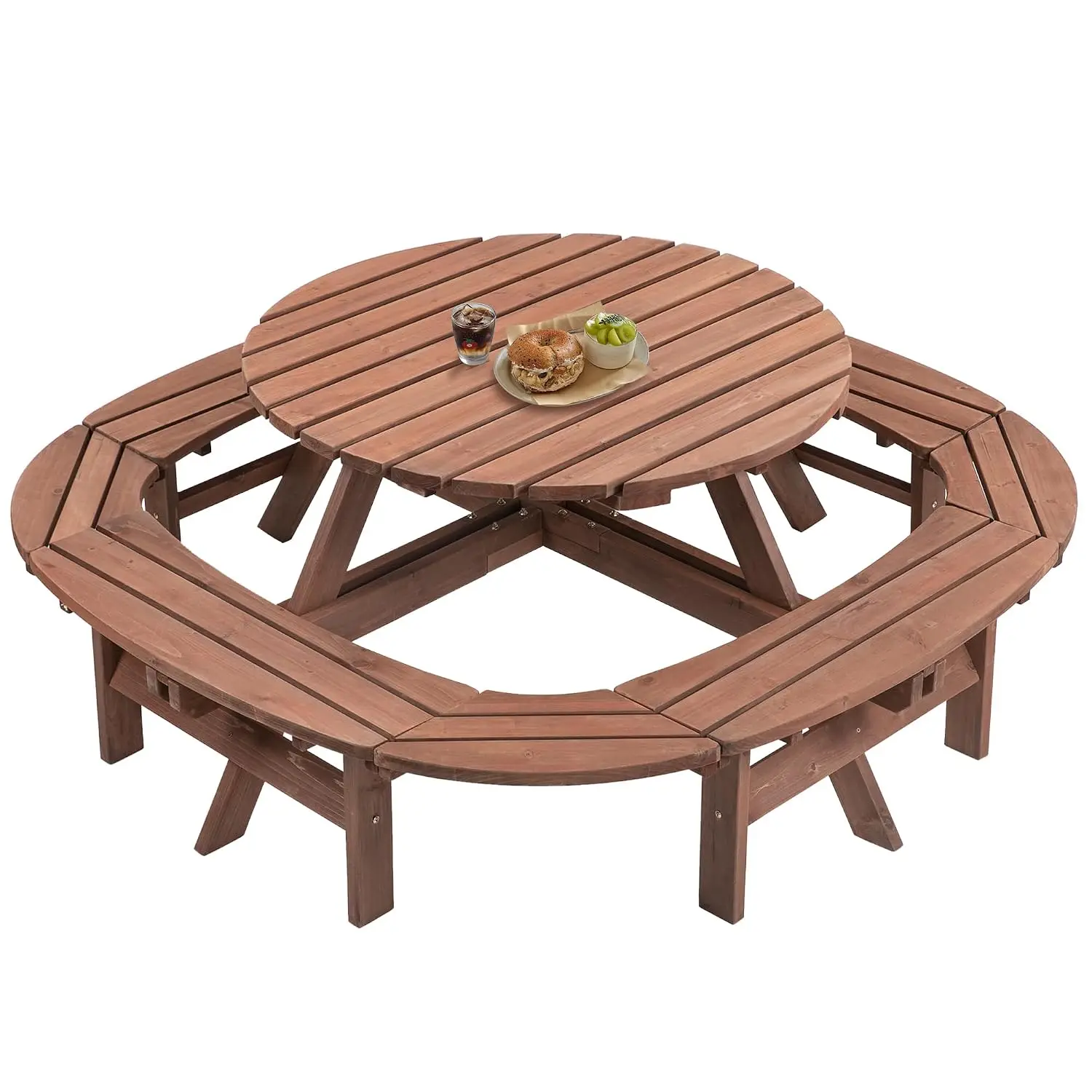 8-12 Person Outdoor Round Wooden Picnic Table with 8 Built-in Benches, Umbrella Hole, Outside Table and Bench Set, Customized