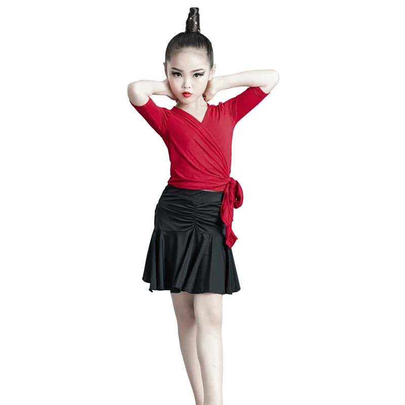 Kids Dresses for Girls Latin Dance Dress Short Sleeve Ballroom Competition Practice Solid Tango Stage Performance Costumes