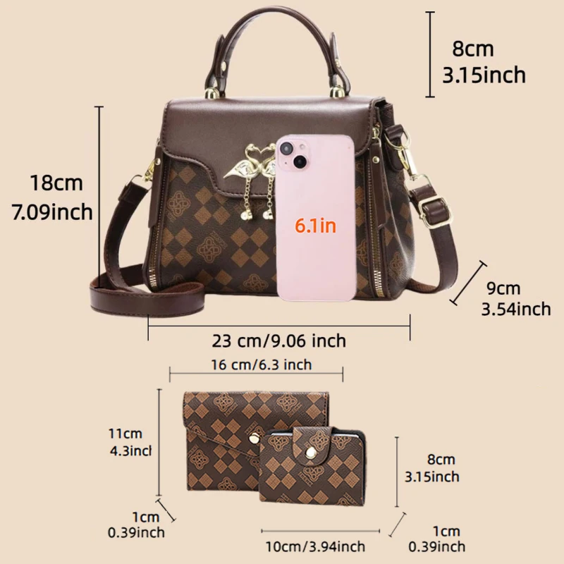3-piece women's bag set, light luxury printed women's crossbody bag, wearable in multiple ways including single shoulder view 2