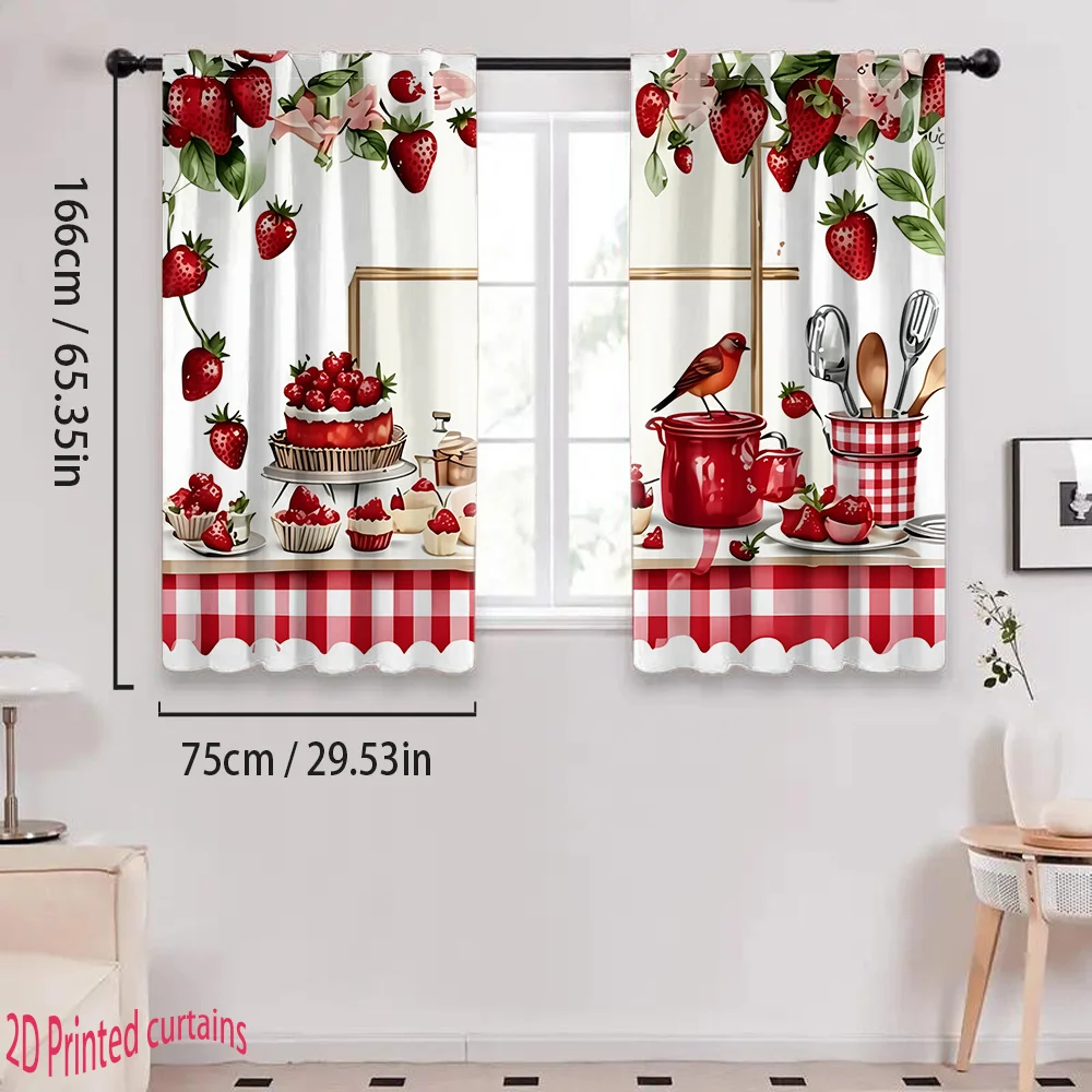 Strawberry Print Farmhouse Kitchen Blackout Curtains - Sweet Country Style Cooking Window Drapes for Home Decor